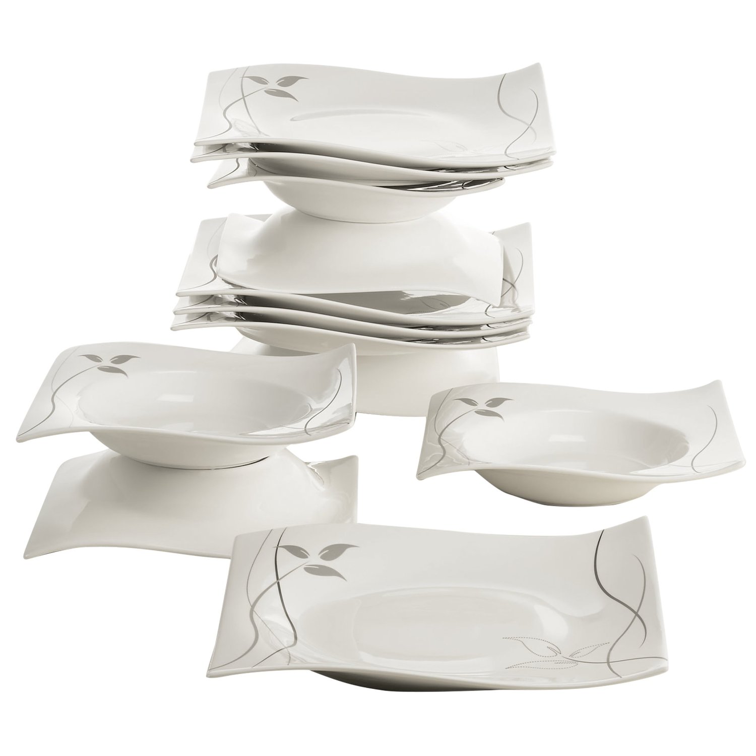 Maxwell & Williams Set Da Cena 16 Pezzi In Porcellana Blu - Piatti, Ciotole E Tazze Con Bordo Geometrico, Regalo Ideale