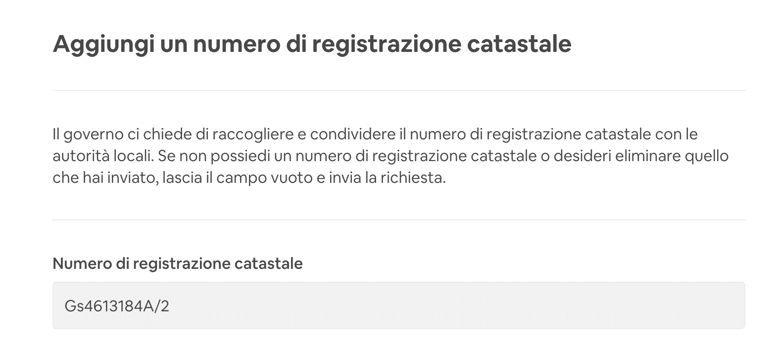 numero di registrazione catastale su Airbnb