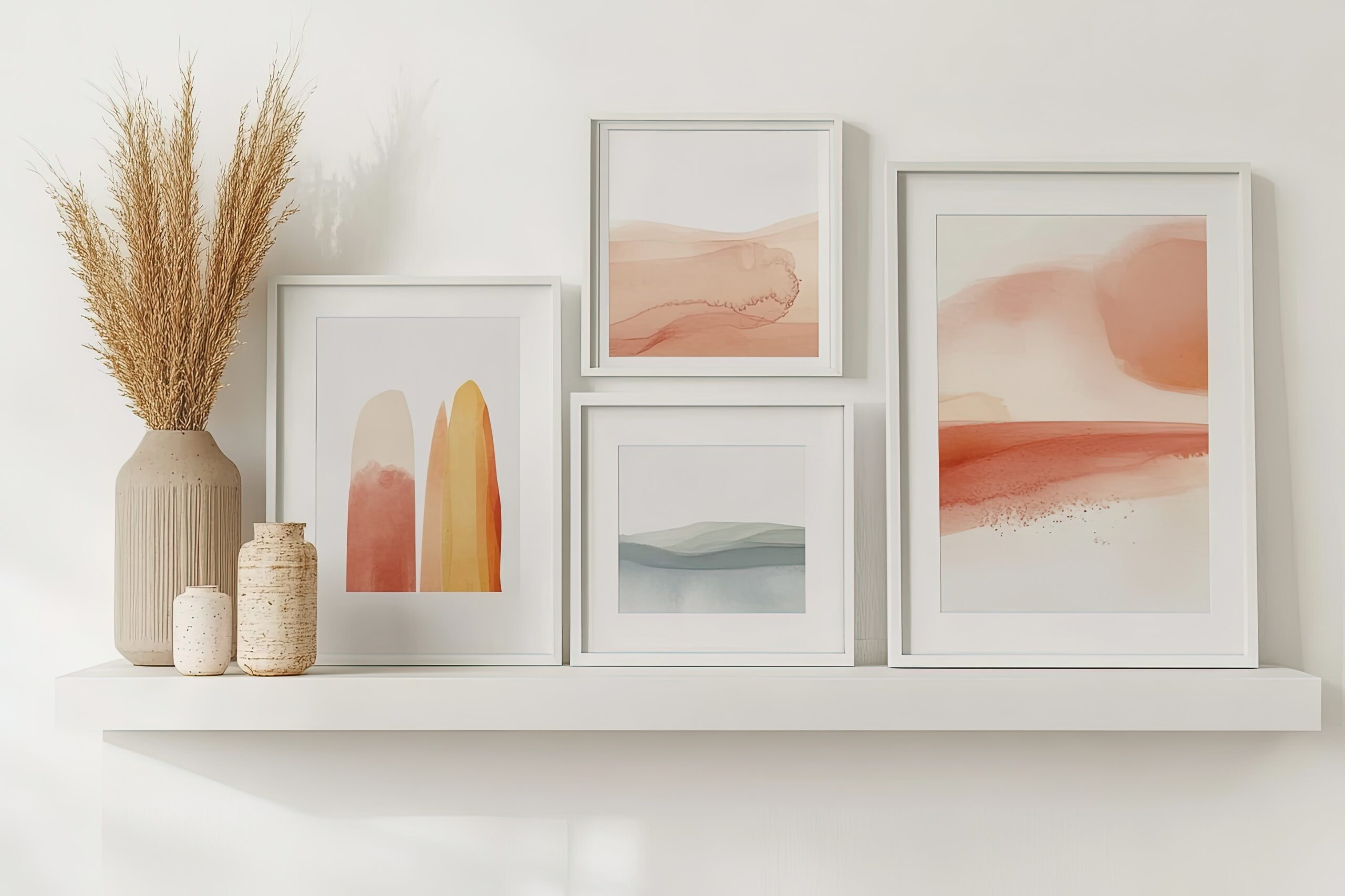 Uno scaffale bianco sormontato da immagini e un vaso scaled